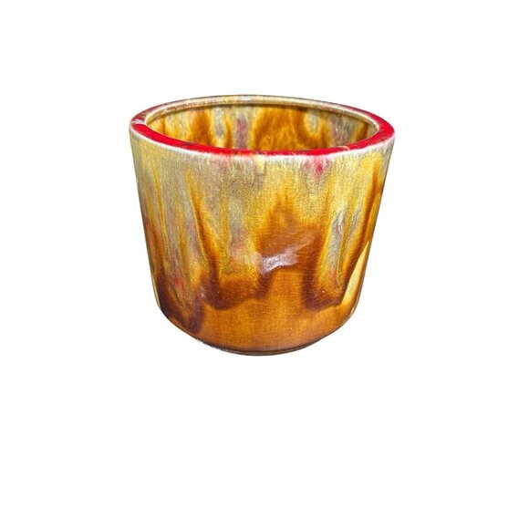 Vintage California USA Pottery Plant Pot Bowl 6x7" Orange Gold Drip Mid Century - Picture 2 of 10
